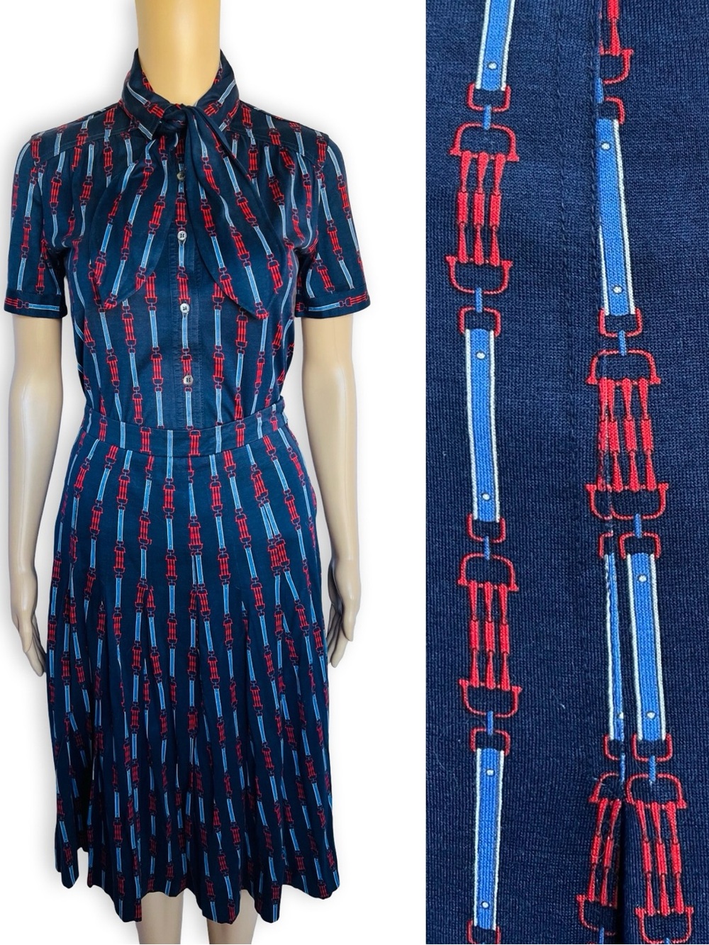 Vintage CÉLINE 1970's Equestrian Print Cotton Dress Set